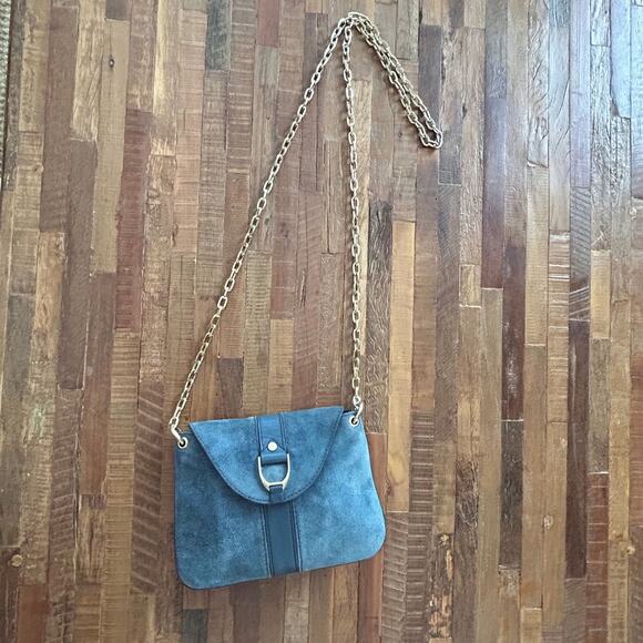 Vintage Cole Haan Blue Suede Chain Crossbody Purse - Picture 1 of 6